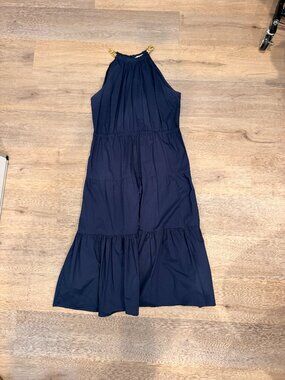 Michael Kors navy blue tiered halter neck ankle dress with gold chain detail